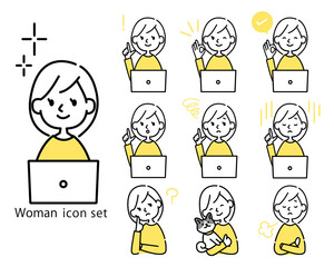 PCと女性のアイコンセット　ベクター素材　黄色