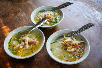 Central Java, Indonesia - August, 2021 : Soto Gading is a very famous chicken soup in the city of Surakarta. Many businessmen, officials and presidents like this chicken soup.