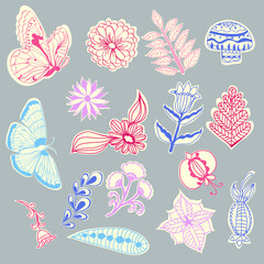 Fototapeta na wymiar doodle design butterflies and flowers stickers set.