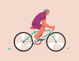 Obraz premium Adult man riding a sport bike in sportswear. Man on a bicycle, wearing helmet, side view. Cycle race. Flat vector illustration