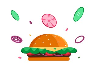 Composition with hamburger and flying vegetables. Fast food and unhealthy concept. Cheesburger icon for menu. Vector illustration in flat style isolated on white background