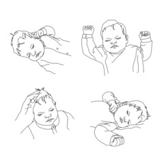 A set of illustrations of a sleeping baby. Newborn sleeping baby in line graphic. Sweetly sleeping toddler. Icons with sleeping babies. Vector illustration concept time for bed. Cute babies see dreams