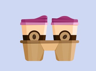 Vector illustration of two coffee cups in a holder. Americano in a disposable package for take away