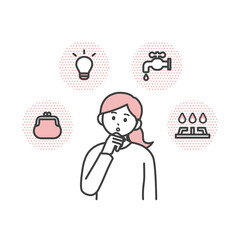 若い女性が光熱費について考えているイラスト素材