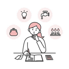 若い女性が家計簿をつけているイラスト素材