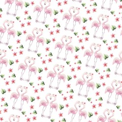 seamless pattern with a hand drawn watercolour pink flamingo and floral elements , monstera leaf and magnolia flower 