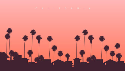 Beautiful sunset somewhere on the west coast of the USA. Palm trees and residential villas with pinkish sunset in the background - obrazy, fototapety, plakaty