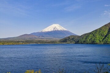 春の富士山と本栖湖　山梨県