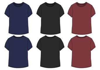Regular fit Short sleeve T-shirt technical Sketch fashion Flat Template With Round neckline Front and back view. Blue, red and Black color mock up cad Vector illustration basic apparel design.