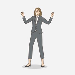 Business woman showing positive emotions with gestures clenched fist. Hand draw style. Vector illustration.
