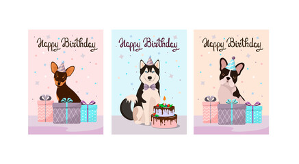 A set of greeting cards with funny dogs. Happy Birthday. Cartoon design.  © Юлия Викленко
