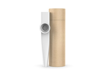 
Blank metal  kazoos musical Instrument with paper tube packaging, 3d render illustration.