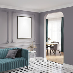 A modern-classic hall with a blank vertical poster on a gray wall, a vase of flowers on a metal table next to a green sofa. A table with chairs near a window is visible through the doorway. 3d render