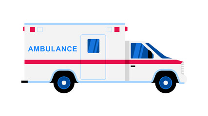Ambulance car for first-aid. Truck to transportation people to the hospital. Medical vehicle isolated on white background. Paramedic van with siren, side view, template, element.