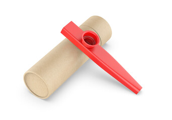 
Blank metal  kazoos musical Instrument with paper tube packaging, 3d render illustration.