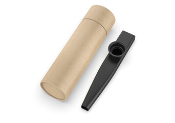 
Blank metal  kazoos musical Instrument with paper tube packaging, 3d render illustration.