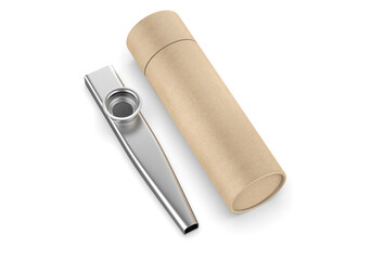 
Blank metal  kazoos musical Instrument with paper tube packaging, 3d render illustration.