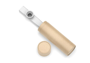 
Blank metal  kazoos musical Instrument with paper tube packaging, 3d render illustration.