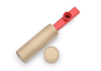 
Blank metal  kazoos musical Instrument with paper tube packaging, 3d render illustration.