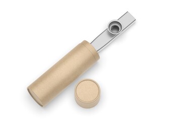 
Blank metal  kazoos musical Instrument with paper tube packaging, 3d render illustration.
