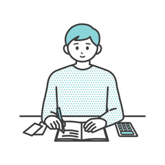 若い男性が家計簿をつけているイラスト素材