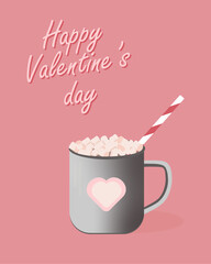 A cup with a picture filled with cocoa with marshmallows and the inscription 