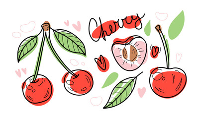 Set of doodle cherries with leaves and handwritten text. Color stains with black line.