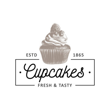 Vintage style bakery shop simple label, badge, emblem, logo template. Graphic food art with engraved cupcake design vector element with typography. Hand drawn pastry on white background.