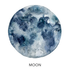 Watercolor abstract dark blue Moon. Hand painted satellite isolated on white background. Minimalistic space illustration for design, print, fabric or background.