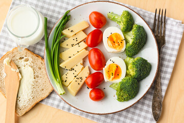 Healthy food for breakfast. A set of fresh vegetables and dairy products