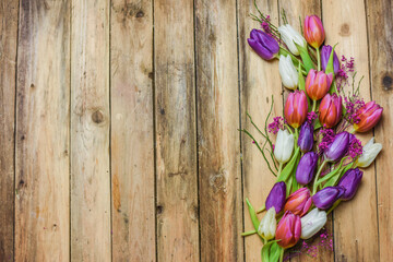 Bunte Tulpen auf Holz Untergrund, Frühling Blumen in rosa, lila, weiß