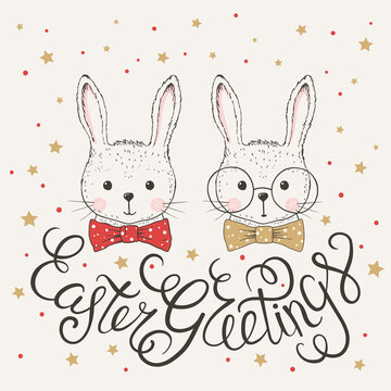 Easter Greetings illustration with cute rabbits, lettering