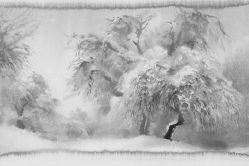 Winter landscape in grey color watercolor background
