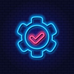 Neon sign of service quality control. Hardware settings icon and approved. Confirm, check the box, or complete the settings. Gear and tick. Equipment performance and problem solving.