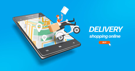 A male delivery man sits on a scooter and carries a white shopping bag, and all floating over a smartphone with on-screen GPS maps and pin location,vector 3d on blue backgorund for delivery concept