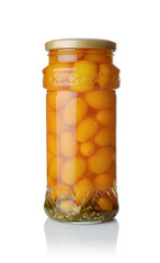 Pickled cherry tomatoes isoated on white.