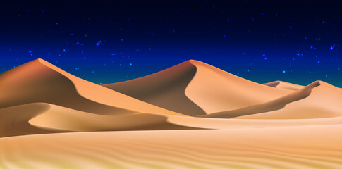 Fototapeta na wymiar 3d realistic background of sand dunes in the night. Desert landscape with dark blue sky.