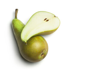 Two conference pears isolated on white background. View from above.