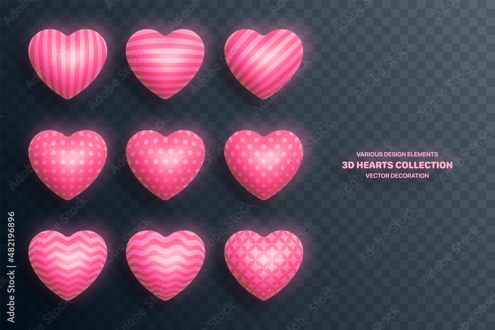 Poster realistic 3d heart vector pink various patterned three dimensional shiny rounded shapes set with sha