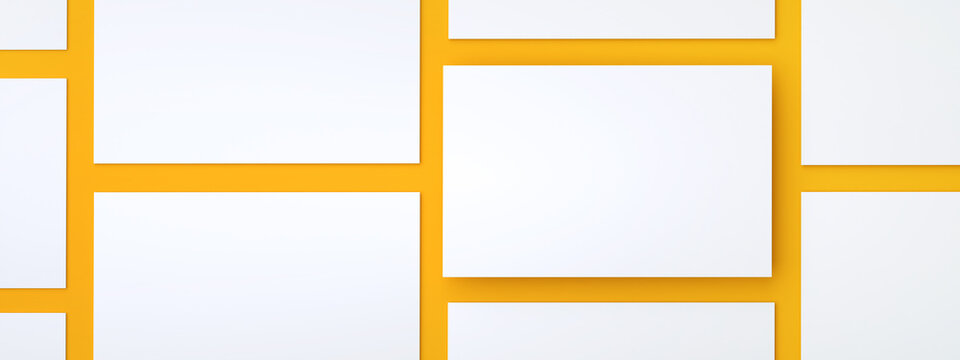 Multiple horizontal business card mockup for branding presentation over orange background, 3d rendering, panoramic image