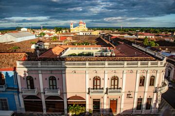 The beautiful neoclassical Granada Cathedral and the roofs of colonial Granada, Nicaragua