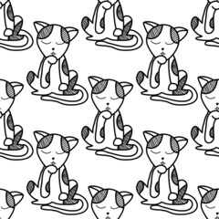 Hand drawn cat on a white background. Vector striped cat. Seamless pattern. Decorative patterns on packaging, boxes, bottles, bedding, pillows, bags, stickers, kitchenware.