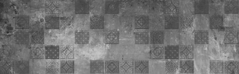 Grey gray vintage retro geometric square mosaic motif cement concrete tiles texture background banner panorama