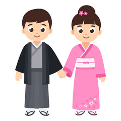 Cute boy and girl in traditional Japanese costumes
