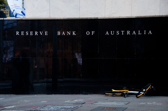 SYDNEY, AUSTRALIA - MAY 5, 2018: Reserve Bank of Australia building name on black stone wall in the center of Sydney NSW Australia.