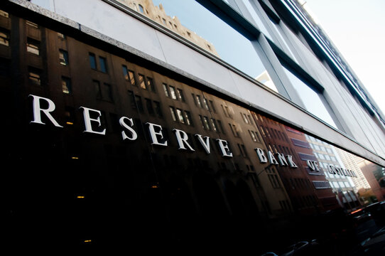 SYDNEY, AUSTRALIA - MAY 5, 2018: Reserve Bank of Australia building name on black stone wall in the center of Sydney NSW Australia.
