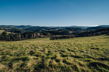 Beautiful green meadow and pasture in Sumava National Park, Czechia. Hilly landscape of Sumava National Park, southern Bohemia.