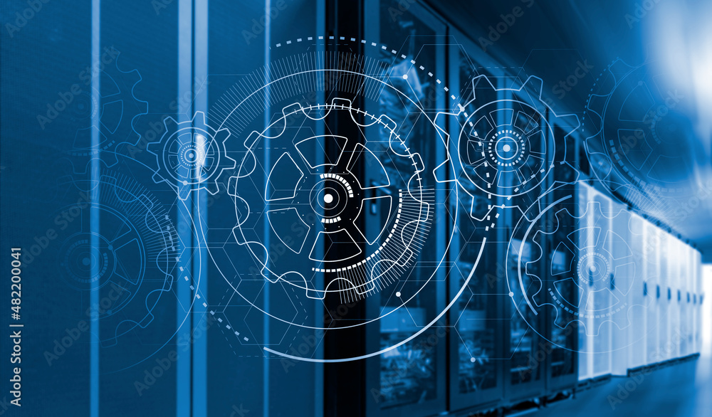 Poster 3d render hologram against the background of a supercomputer cluster, concept of information technol