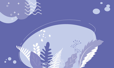 Vector leaves and shapes of purple design. Very peri color geometric abstract banner with lines and shapes. Modern purple abstract background in very peri color