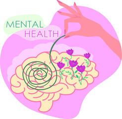 Vector illustration on the topic of psychology, with an abstract image of the brain in flowers. The concept of mental health.